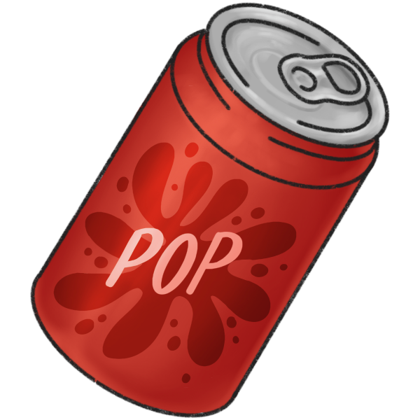 a red pop can with a splash design that reads 'pop' on the front.